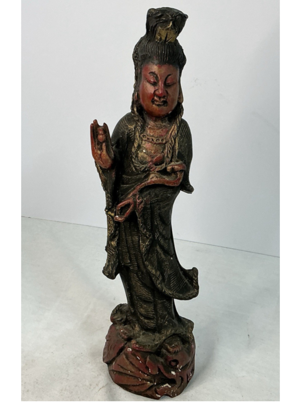 Vintage East Asian Decorative Wood Carved Guanyin ( Kwan Yin ) 14” tall .